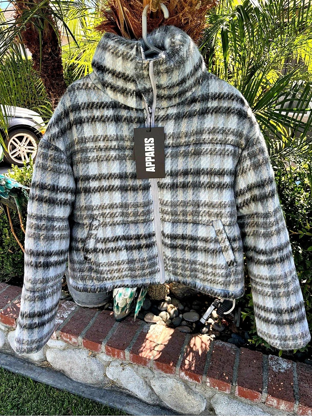 APPARIS Plaid Puffer Down Jacket Oversize in Blue & Black XL NWT